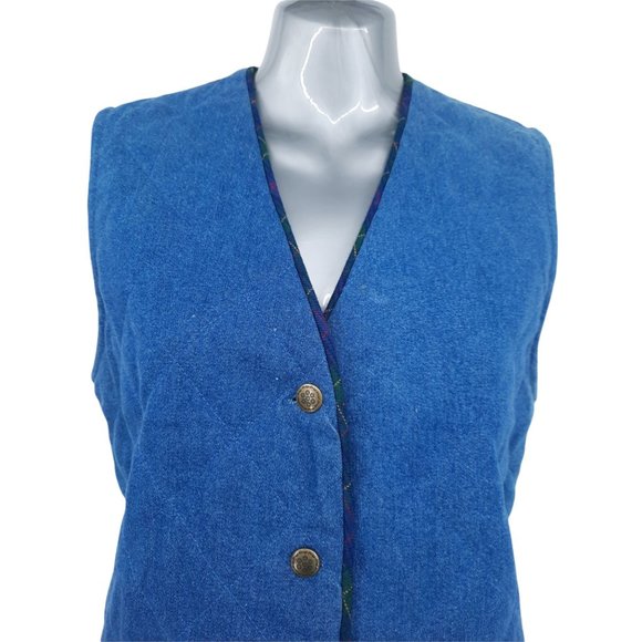 VTG 90s Koret City Blues Quilted Denim Metal Snap Vest Plaid Pants Set Size 8 - Picture 4 of 12